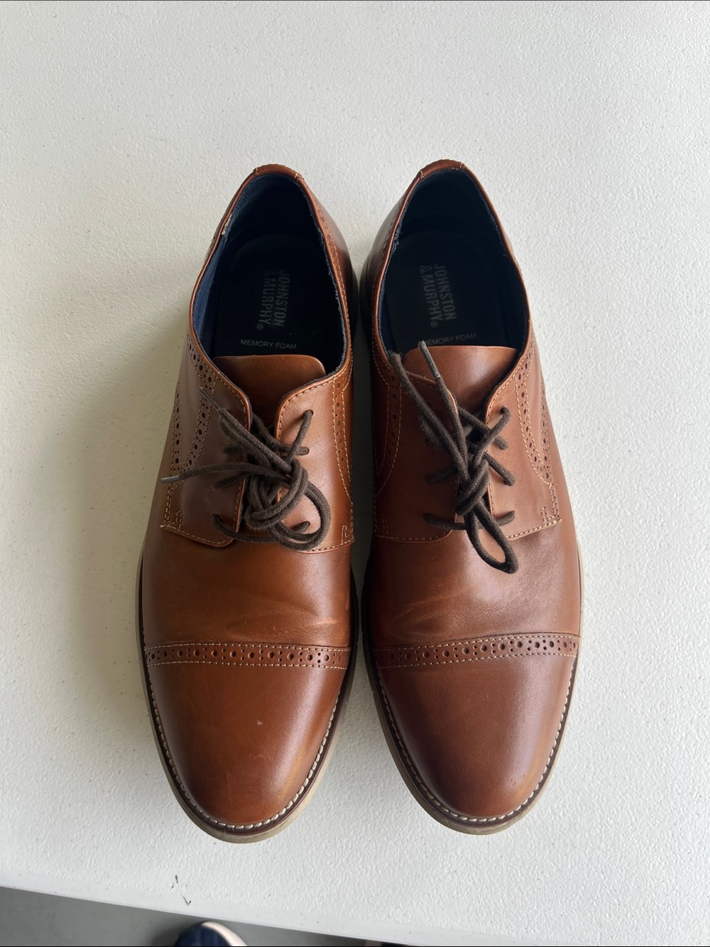 Johnston & Murphy Tan Leather Cap-Toe Derby with Brogue Detailing